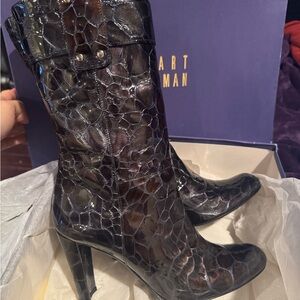 Stuart Weitzman Dark Croc-Patterned Heeled Boots